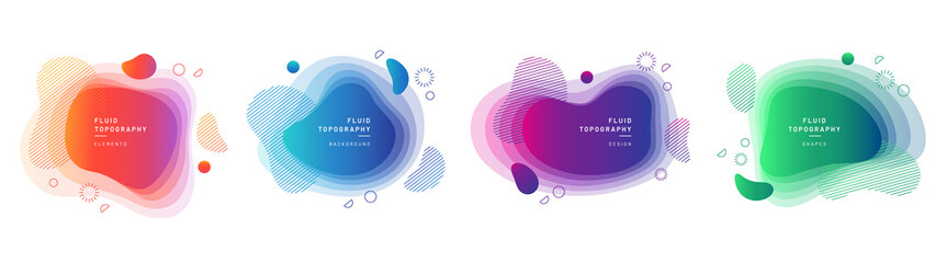 Set of modern graphic design elements in shape of fluid blobs. Isolated liquid stain topography. Gradient of blue and green, red and violet geometrical shapes.Blurry background for flyer, presentation