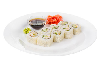 Sushi, rolls, uramaki Alaska, with avocado, cucumber, meat, soy sauce, marinated ginger and wasabi, white isolated background side view