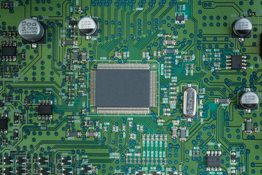 Macro shot of back side circuit board. Top view with copy space.