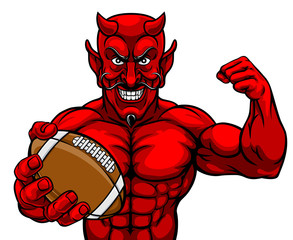 A devil Satan American Football sports mascot cartoon character man holding a ball