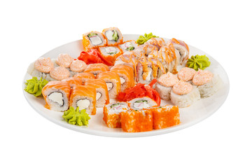 Set of sushi for a large company, rolls, california, philadelphia with lava sauce, marinated ginger and wasabi, white isolated background, side view