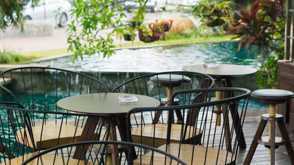 Table set for sitting and drinking coffee in the morning river