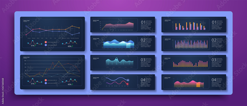 Poster dashboard infographic template with modern design weekly and annual statistics graphs. analytics inf