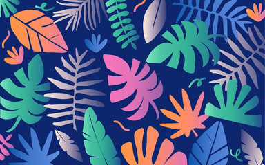 Fototapeta na wymiar Tropical jungle leaves and flowers background. Colorful tropical poster design. Exotic leaves, flowers, plants and branches art print. Botanical pattern, wallpaper, fabric vector illustration design