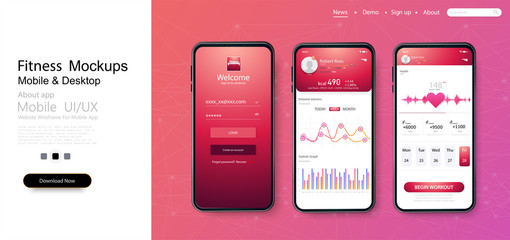 Different UI, UX, GUI screens fitness app and flat web icons for mobile apps, responsive website including. Web design and mobile template. Fitness Dashboard. Ready templates fitness tracker. Vector - obrazy, fototapety, plakaty