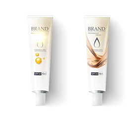 Luxury cosmetic container with cream on a white background. Realistic white tube, packaging aluminum uv sunblock cream. Vector mock up,template for package design.Sunblock ads template,sun protection 