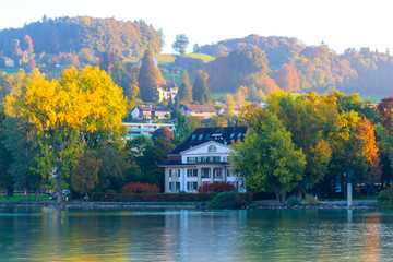 Fototapeta premium Beautiful view on Ship running on Lake Lucerne