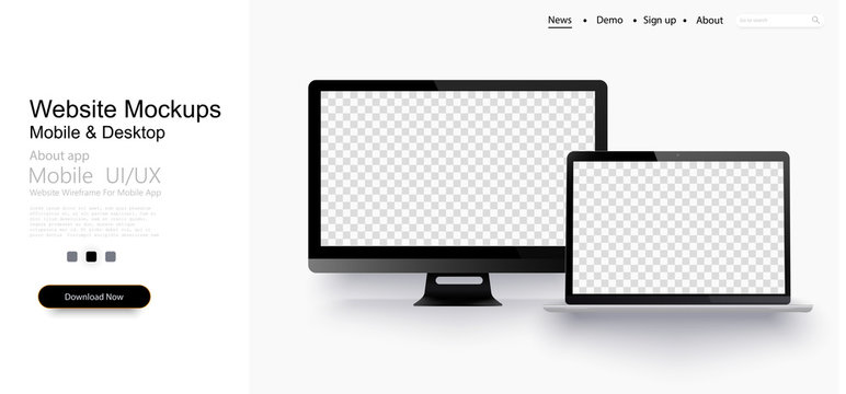 Realistic laptop and  computer monitor isolated on transparent background. Vector mockup. Vector illustration.