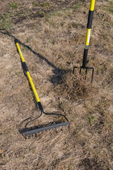 Cleaning lawn from dry grass with a rake in spring garden. Heap of grass with tool