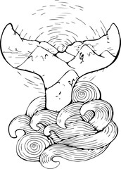 Black and white illustration of a whale's tail disappearing into the sea wave. Graphics, sun, mountain. Idea for tattoo.