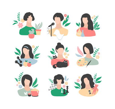 Collection of colorful icons with young women and their hobbies.