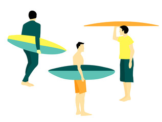 Vector illustration  with serfing men with board.  Modern simple flat design.
