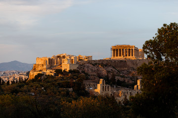Fototapeta na wymiar Panoramic view of the Acropolis of Athens during sunset as seen from a lookout on Filopappou Hill (Athens, Greece, Europe)