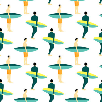 Seamless pattern with serfing men with serf. Modern simple flat design.