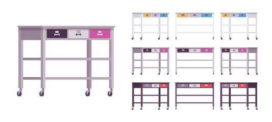 Kitchen rolling table, serving cart. Home furniture for cooking utensils or food storage, wheels for easy transport. Vector flat style cartoon illustration isolated on white background, different view