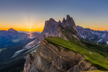 Beautiful sunrise and Odle Mountain landscape in Dolomites, Italy