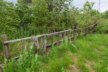 Fototapeta na wymiar Old wooden fence encloses an abandoned suburban area