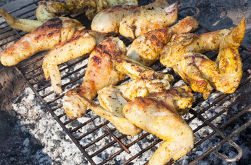 Chicken legs and wings on the grill