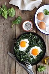 Skillet Poached Eggs with Spinach. Overhead view