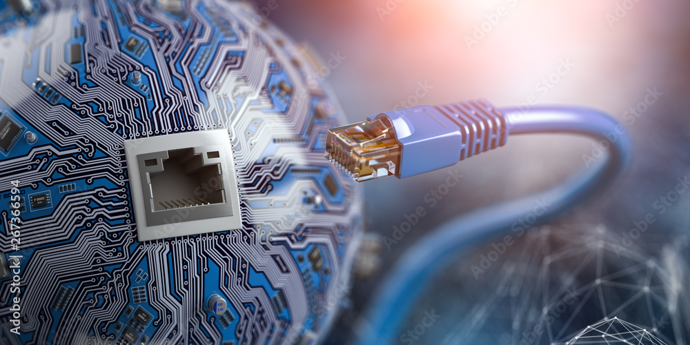 Aufkleber LAN network connection ethernet cable with computer chip. Internet cord  on futuristic background.
