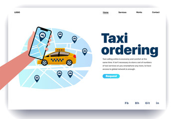 Web page design template for taxi ordering. Hand holding smartphone with taxi service app on the screen. Online mobile app for a call taxi service. Modern vector illustration for website development