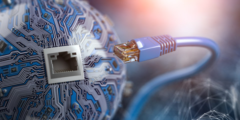 LAN network connection ethernet cable with computer chip. Internet cord  on futuristic background.