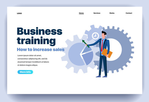 Web Page Flat Design Template For Business Training. Landing Page Training Course With Men Tutor How To Increase Sales. Modern Vector Illustration Concept For Website And Mobile Website Development