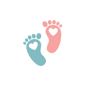 Twin baby girl and boy feet prints arrival greeting card with hearts. Vector illustration on white background. Feet silhouette for male and female newborns.