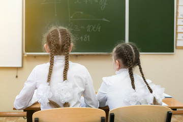 Schoolgirl girls look at the board view from the back. Schoolgirls teenagers sitting at the table watching the school board on ocher turn back look back. Girls in white blouses, hair braided in braids