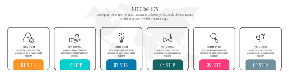 Modern vector flat illustration. Infographic arrows template with six elements, shapes, icons. Timeline designed for business, presentations, web design, interface, education, diagrams with 6 steps