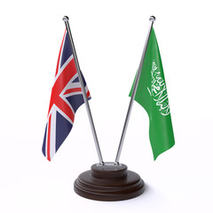 UK and Saudi Arabia, two table flags isolated on white background. 3d image