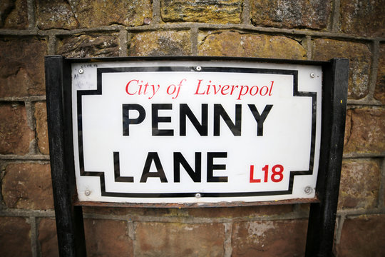Penny Lane Street in Liverpool. Penny Lane road sign made famous by the Beatles song. A popular tourist destination in United Kingdom
