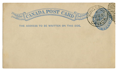 Kingston, Canada  - circa 1891: Blanked Canadian historical Post Card with blue text in vignette, Imprinted One Cent Queen Victoria Stamp, Fancy cancel