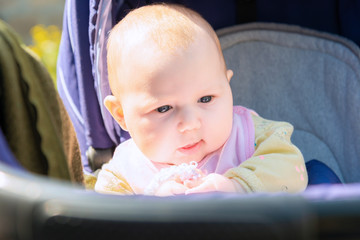 A newborn baby sits in a pram and looks around, studying the world around it.