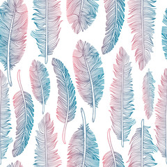 Feathers set illustration set on white background. Hand drawn vector outline feathers boho style design graphics. Seamless pattern.