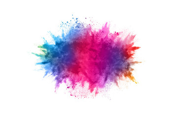 Multicolor powder explosion on White background. Colored cloud. Colorful dust explode. Paint Holi.