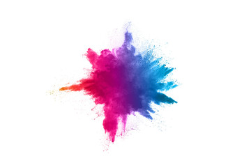 Multicolor powder explosion on White background. Colored cloud. Colorful dust explode. Paint Holi.