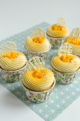 Set of tropical cupcakes decorated with piece of fresh mango and chocolate elements on green background