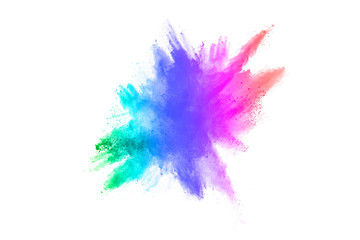 Multicolor powder explosion on White background. Colored cloud. Colorful dust explode. Paint Holi.