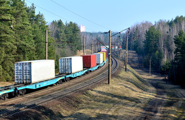 Freight train, transportation of railway cars by cargo containers  shipping. Railway logistics concept