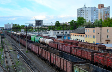 Fototapeta na wymiar Cargo train in sorting freight railway station, rail freight transport - Image