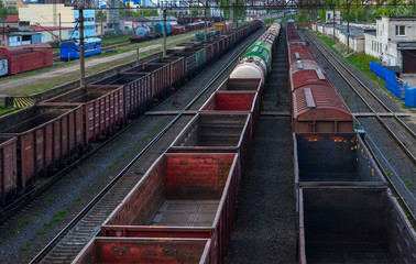 Fototapeta na wymiar Cargo train in sorting freight railway station, rail freight transport - Image