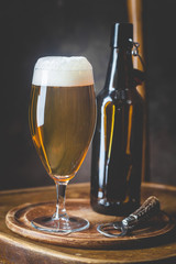 Glass beer on dark background with copy space