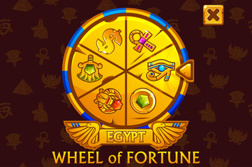 Wheel of fortune in egyptian style for UI game and casino. Vector Golden colors Icons on separate layers.