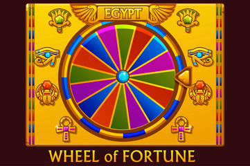 Wheel of fortune in egyptian style for UI game and casino. Vector Golden colors Icons on separate layers.