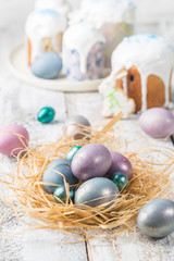 Easter table with Easter eggs over white background