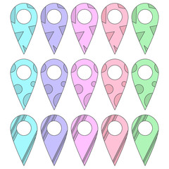 Set of label icons on a map in various colors and outline styles. Contour stroke. Cartoon style. Vector on white background