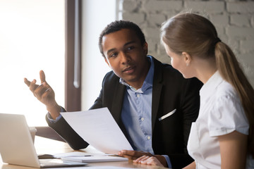 Boss interviewing female candidate, client and manager negotiating