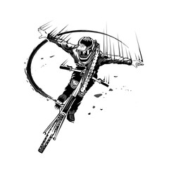 Mountain biking and cicling. Vector artwork in the style of ink drawing.