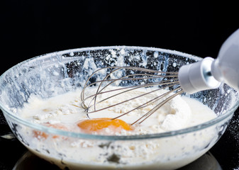 Beat the batter with a mixer, spray and flour fly